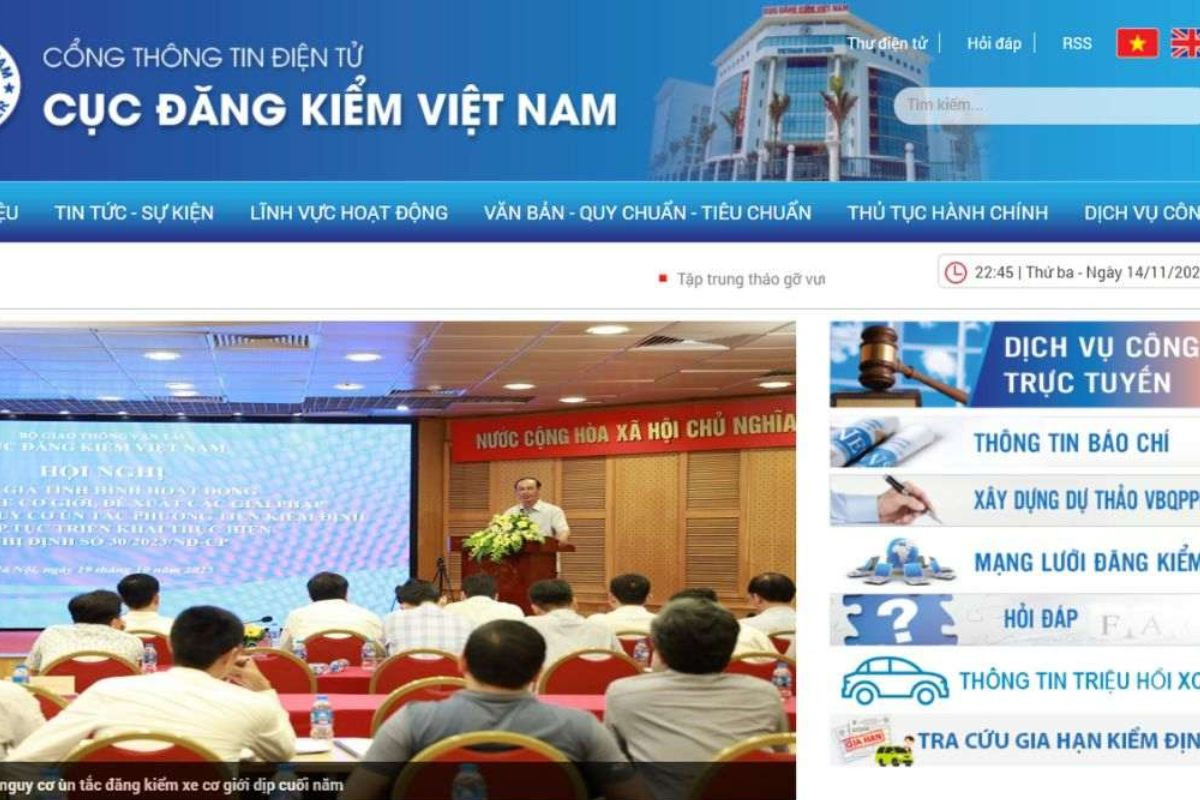 Giao diện của website Cục Đăng kiểm Việt Nam